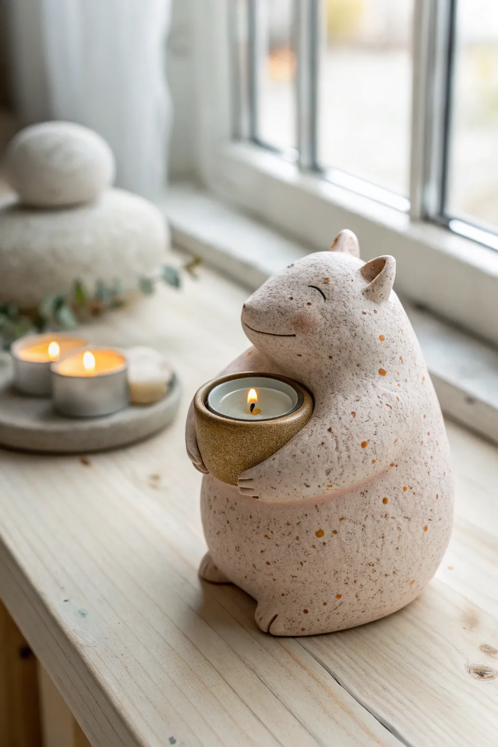 A chubby clay candle buddy hugs a tealight cup, the sweetest minimalist boho accent.