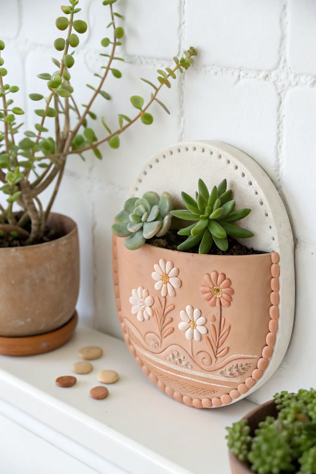 Mini wall planter with a polymer clay art backplate for simple, boho-minimal charm