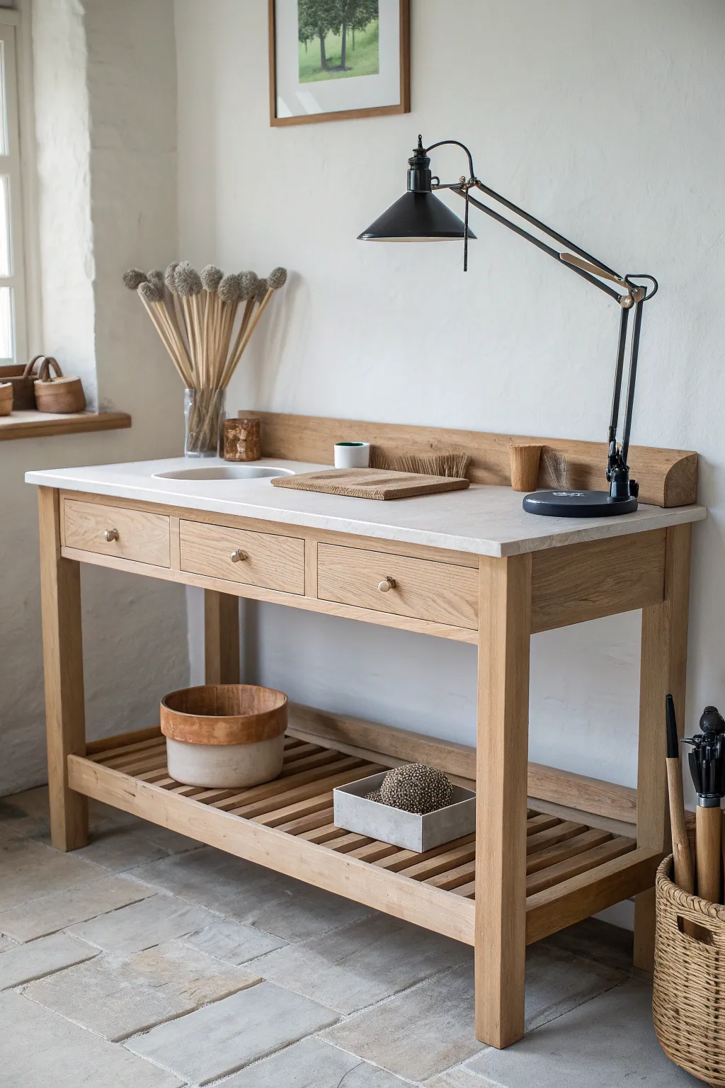 Bright task lighting over a minimal potters bench with a handy rail shelf for essentials.