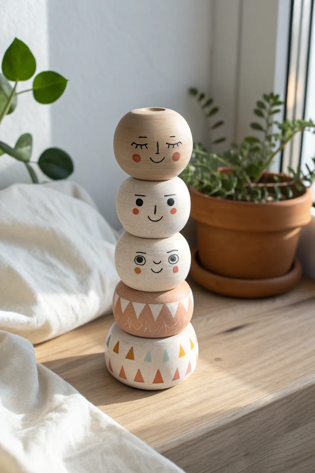 Mix-and-match clay totem buddies with funny faces, stacked and ready for playful kid pottery