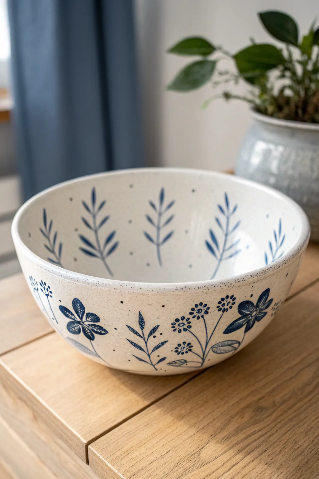 Timeless blue-and-white florals on a white bowl for a crisp, classic pottery painting look