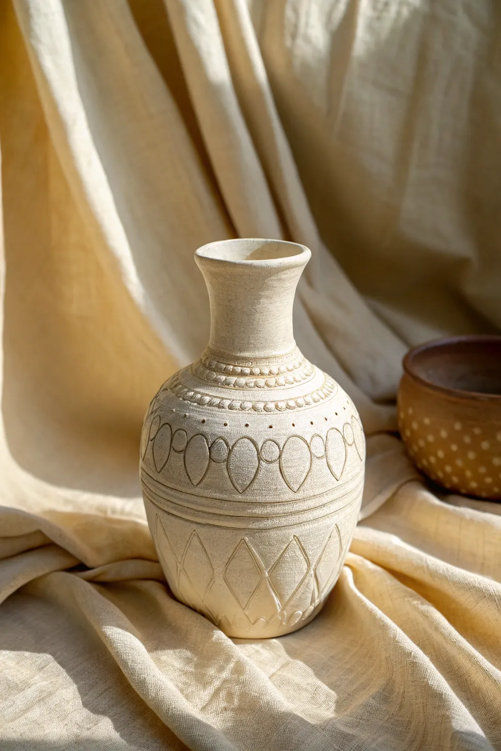 Matte off-white vase with simple raised slip-trail loops and scallops for easy lace-like texture.