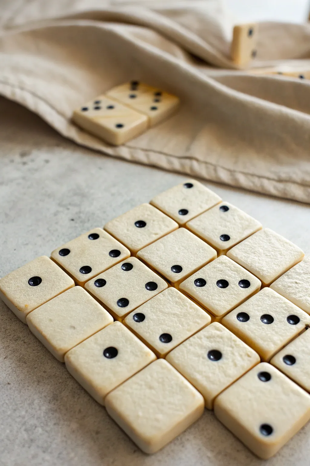 Handmade clay dominoes in soft neutrals, perfect for cozy minimalist game nights at home.