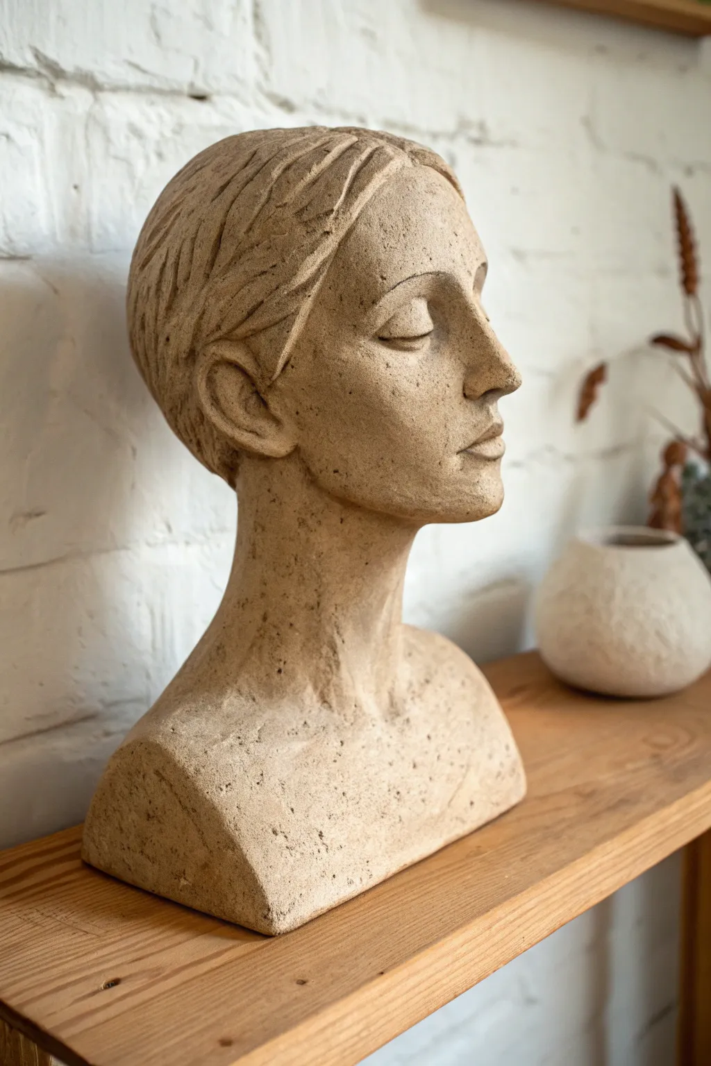 Minimalist clay bust study with gentle tool marks, Scandinavian calm with warm boho texture.