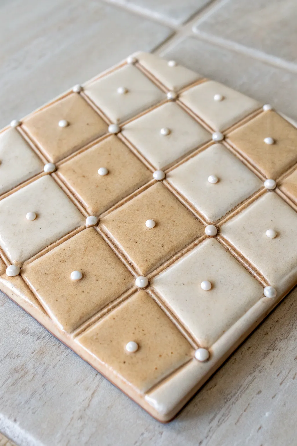 Glossy slip-trailed quilt tile with raised patchwork lines, minimal Nordic boho charm