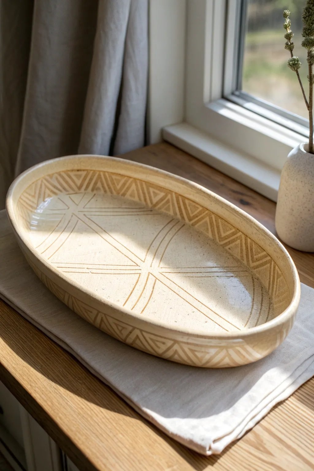 Glaze-pooled carvings catch the light for an easy, elegant tray with handmade texture.