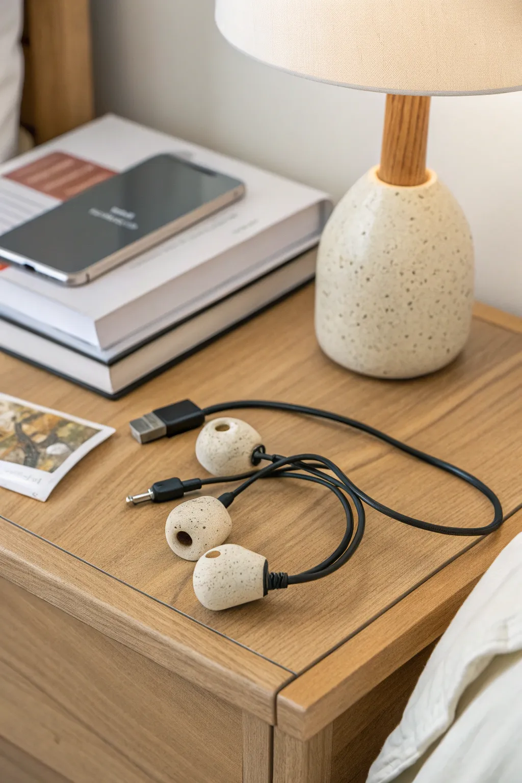 Tiny clay cord-keeper clips for a calm bedside setup, keeping charging cables neat and pretty.