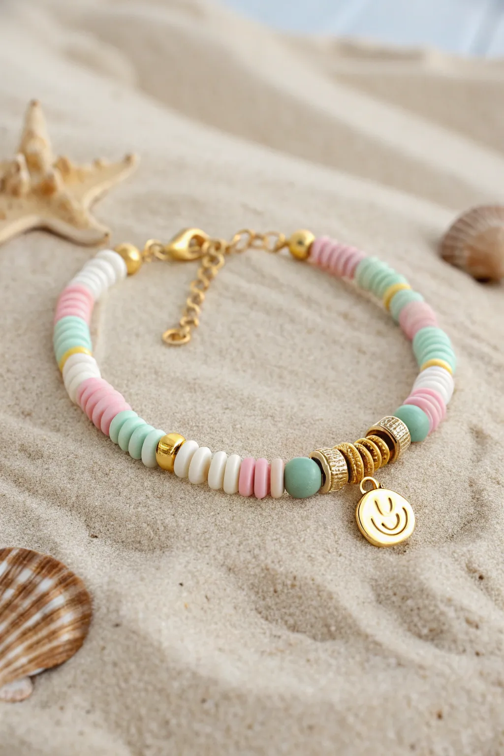 Preppy clay heishi anchor bracelet with a dainty charm cluster, minimal, bright, and stack-ready