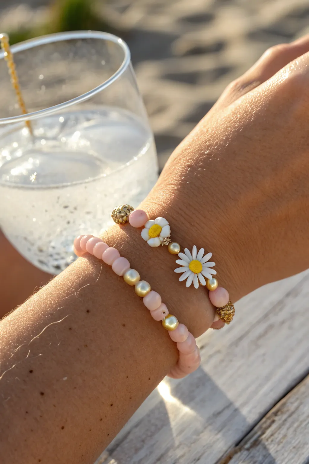 Daisy pop clay bead bracelet for preppy beach days, pastel discs glowing in sun