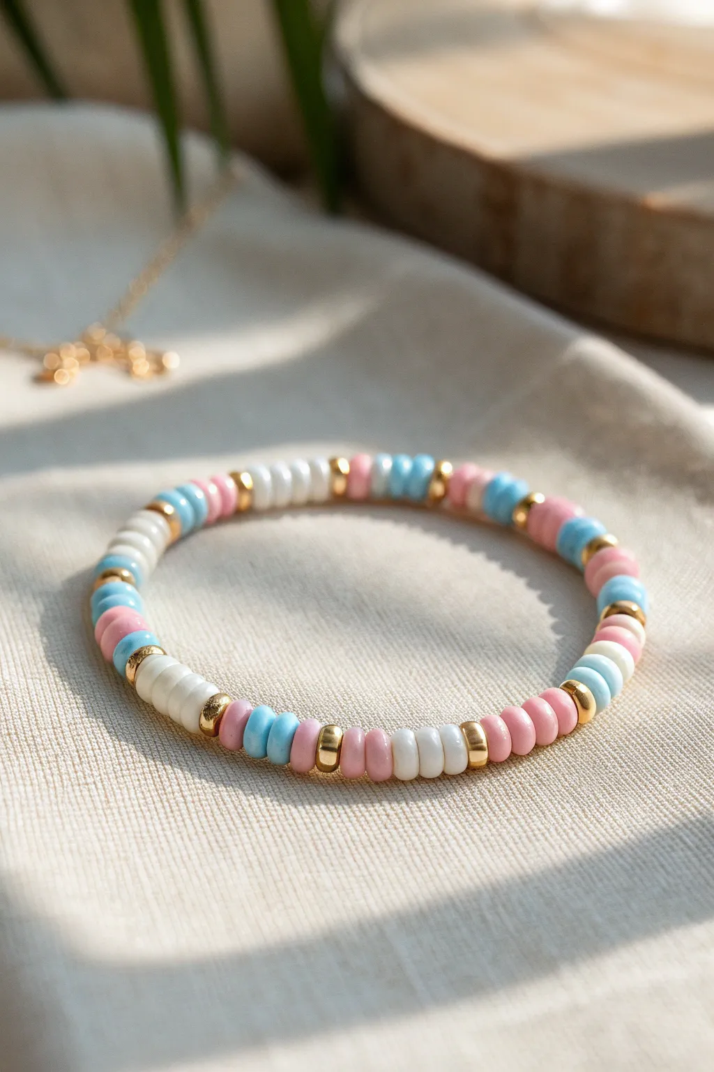 Preppy summer stripes in pink, white, and blue with gold spacers for a clean rhythmic look