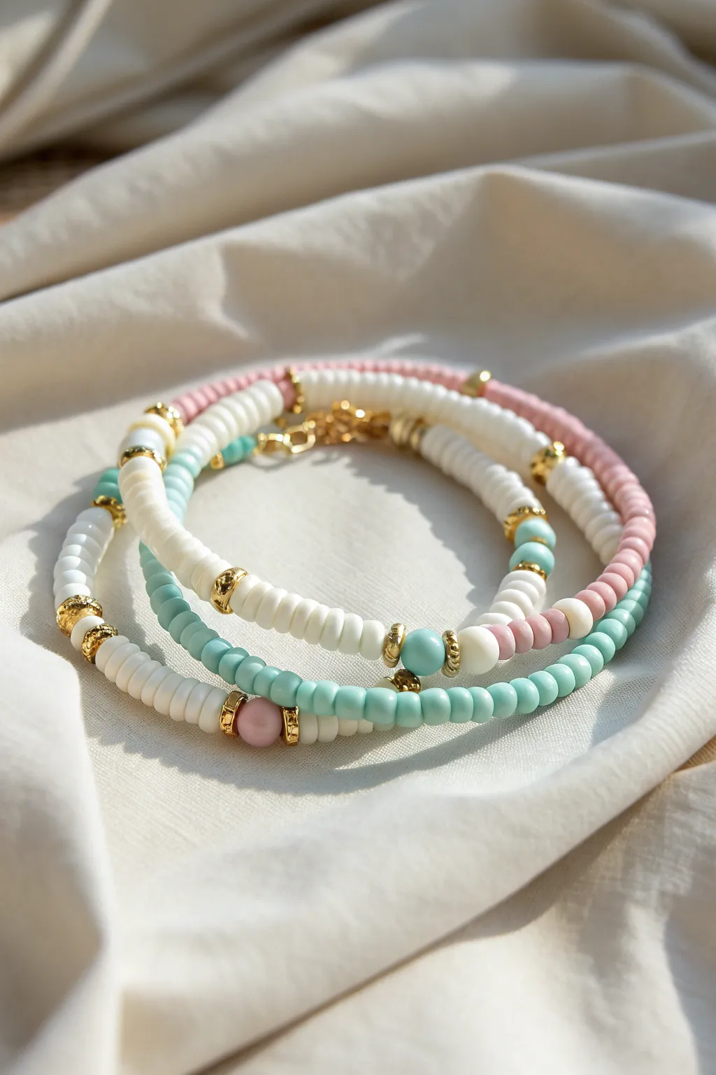 Preppy heishi anklet and bracelet duo in soft pastels with gold accents on neutral linen