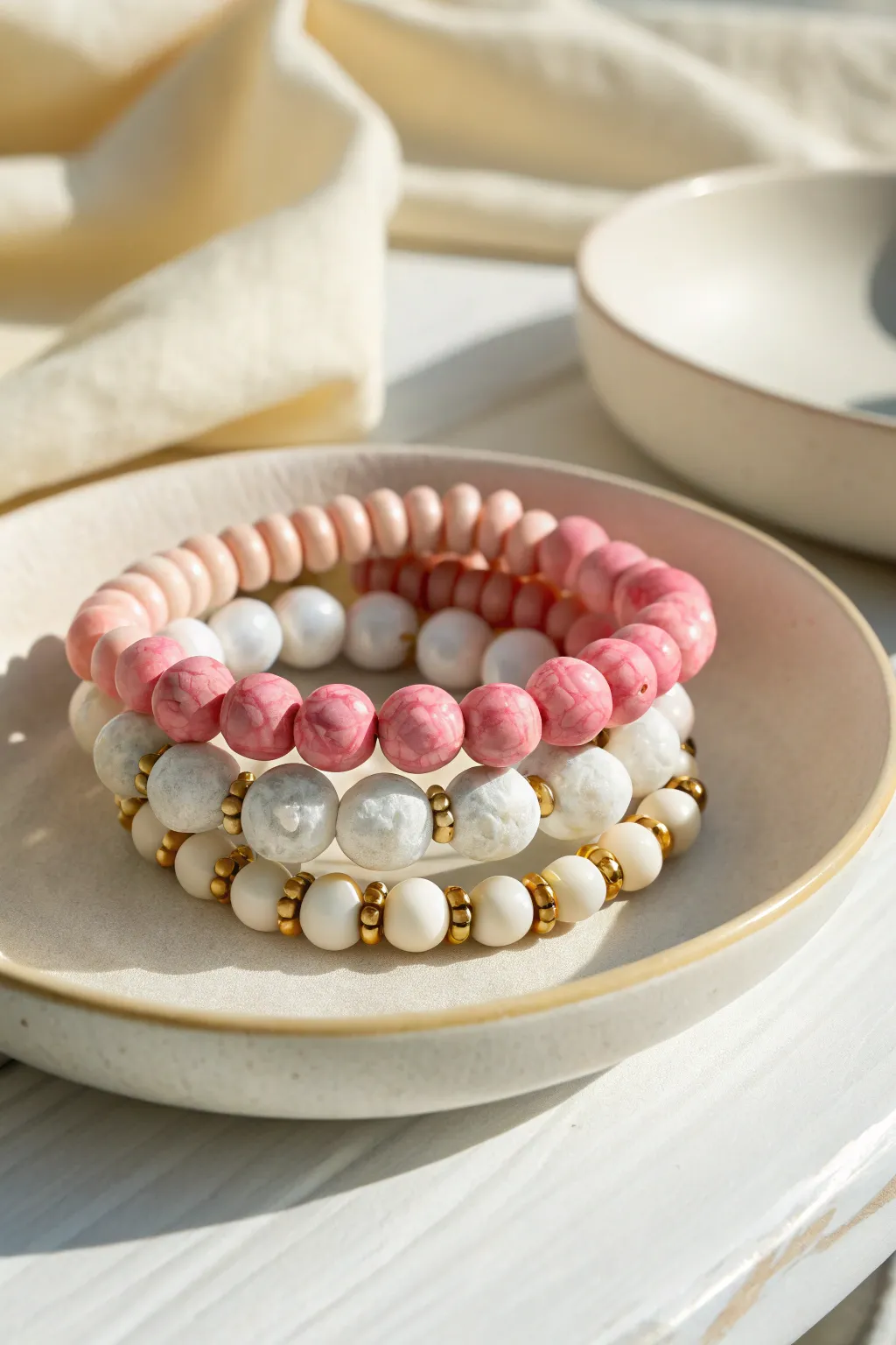 Preppy mixed-texture bracelet stack with marbled clay focal beads, heishi, and gold spacers