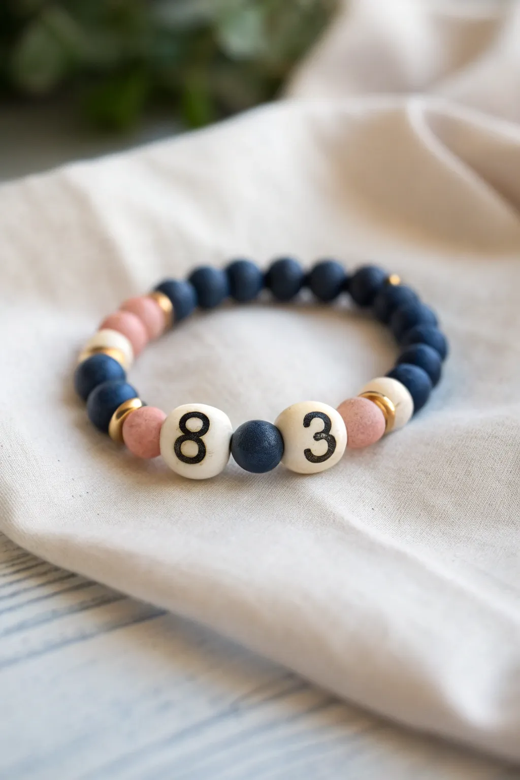 Varsity-inspired clay bracelet with two number beads, bold color blocks, and gold spacers.