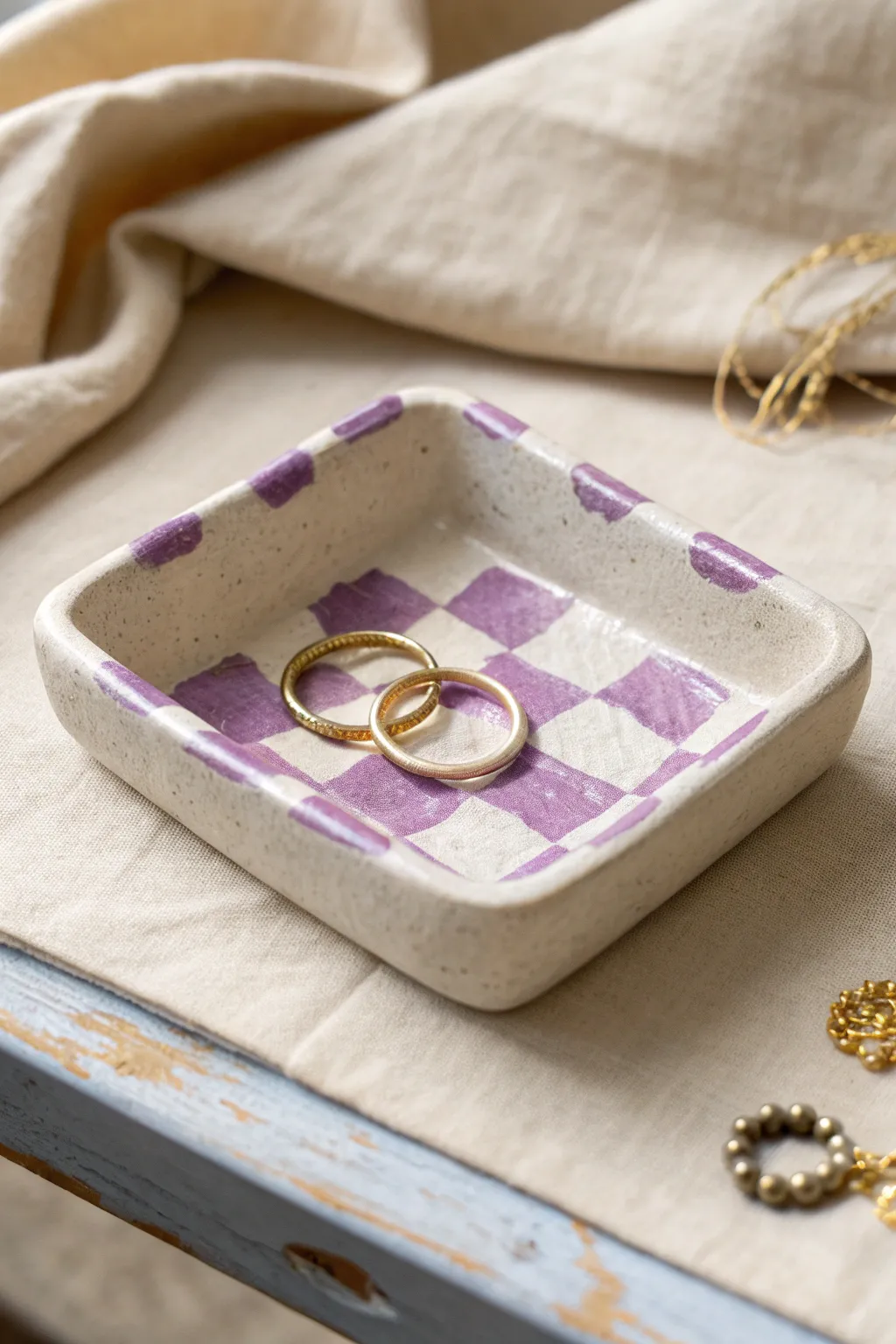 Purple checkerboard trinket tray in lilac tones, perfect for rings, beads, and bedside decor