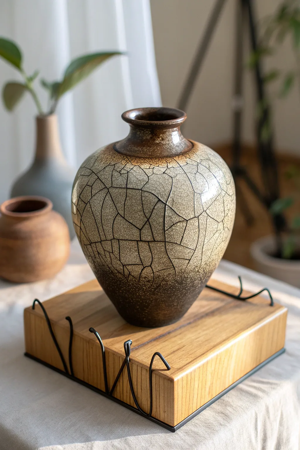 Crackle and metallic raku vase on a minimalist wood stand, a calm Scandinavian-boho focal piece