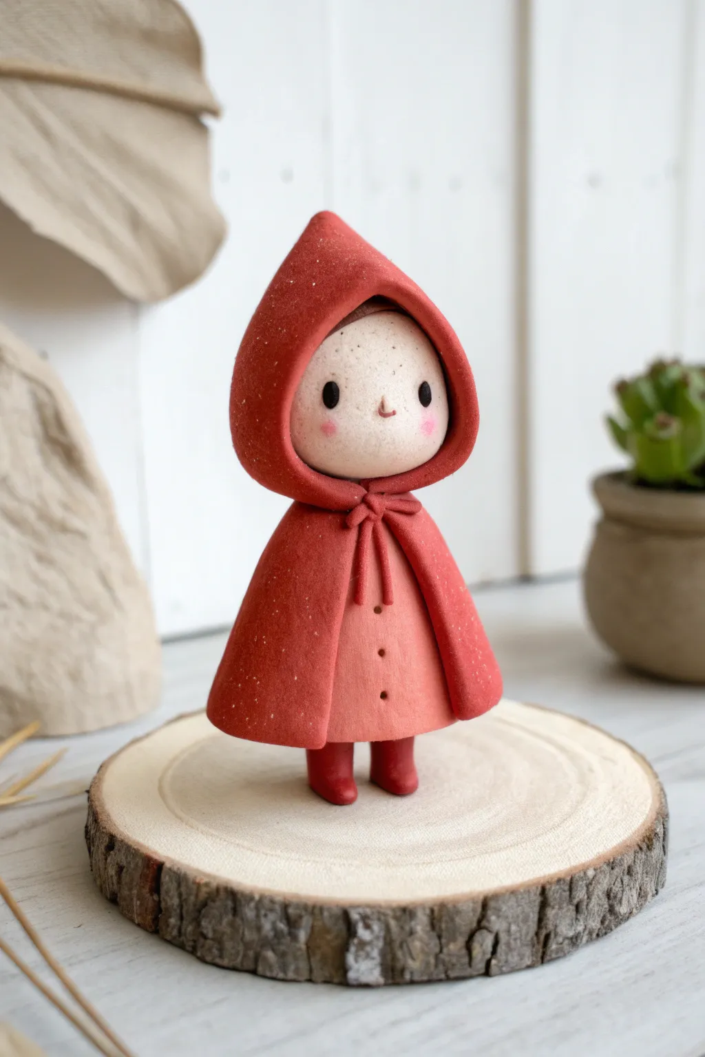 Little red-hood clay figure with simple features and a cozy storybook vibe in minimal style