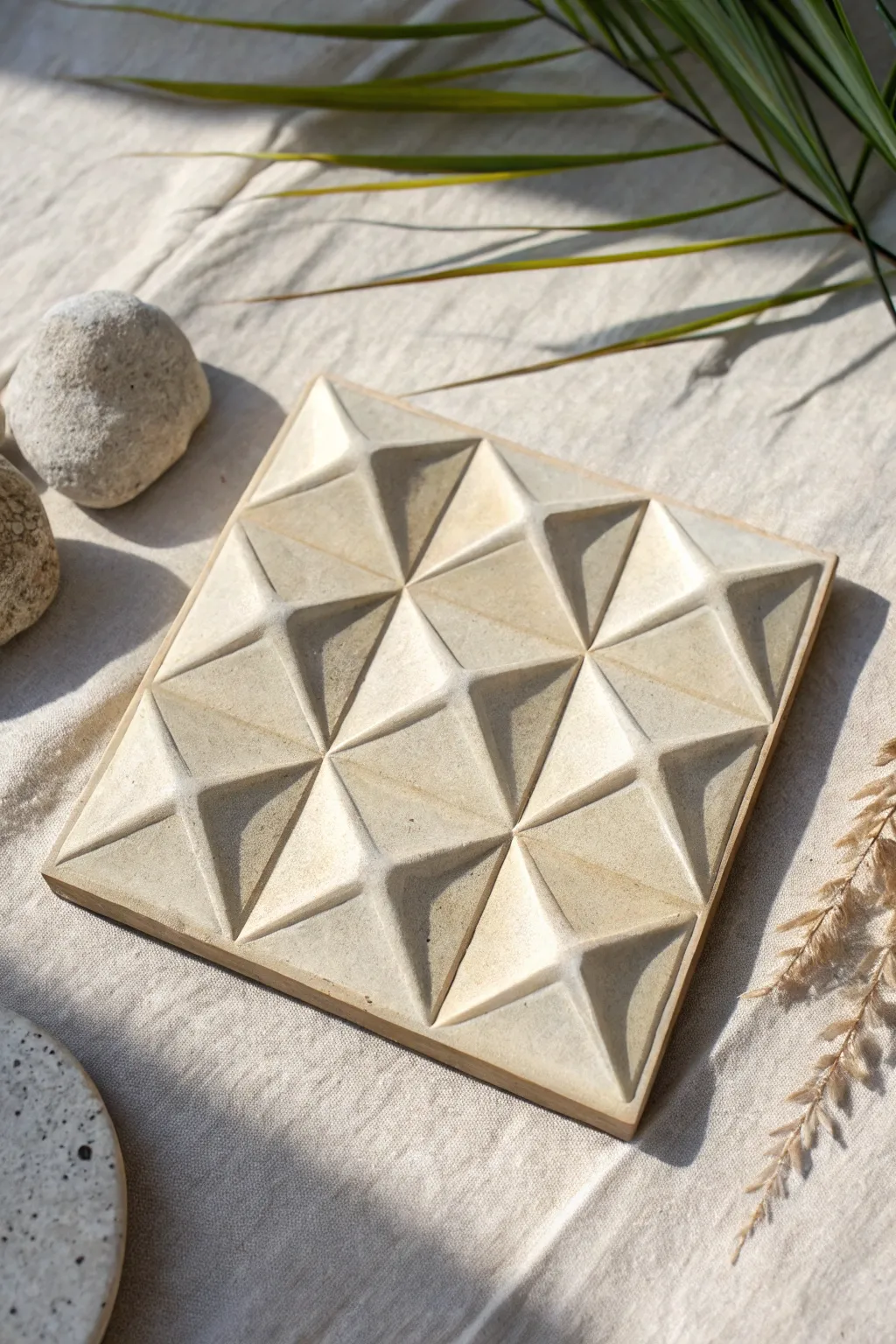 Origami-like faceted relief tile in matte neutral glaze, lit to highlight every plane