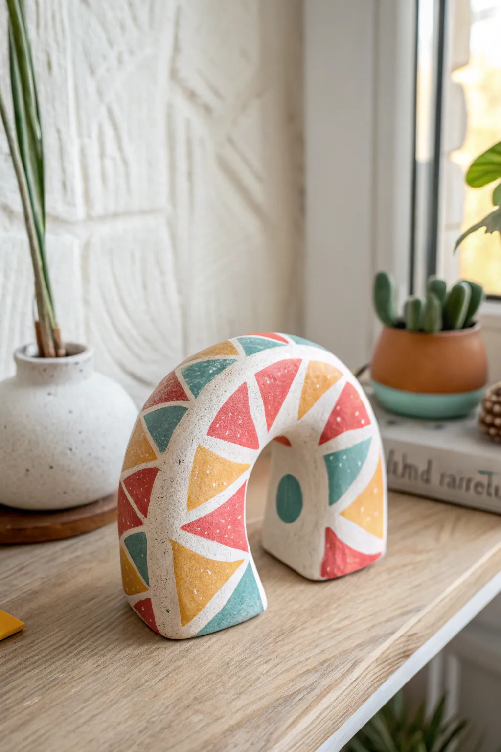 Minimal salt dough desk sculpture gift for Dad, bright playful patterns with a glossy handmade finish.