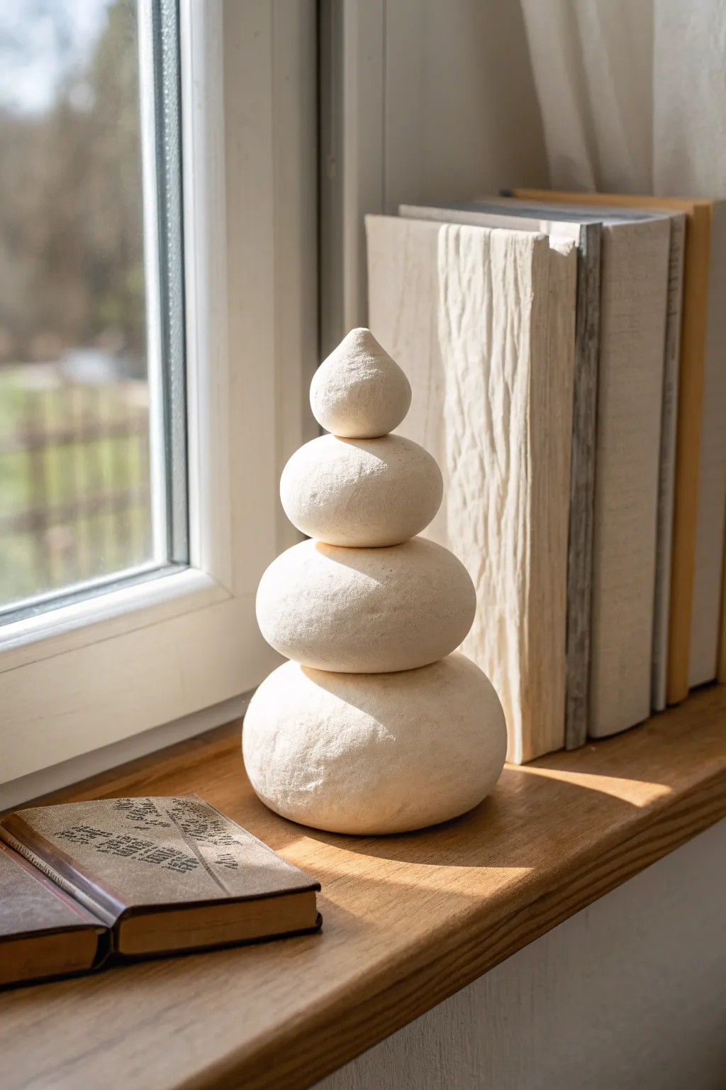 Minimal salt dough abstract sculpture styled on a bookshelf for a calm, modern art vibe.