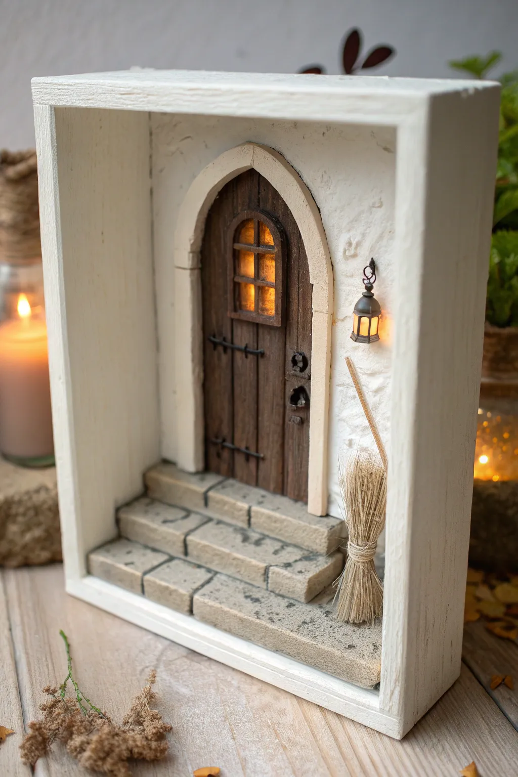 A minimalist clay haunted doorway shadowbox with a warm glow, perfect for spooky seasonal decor.
