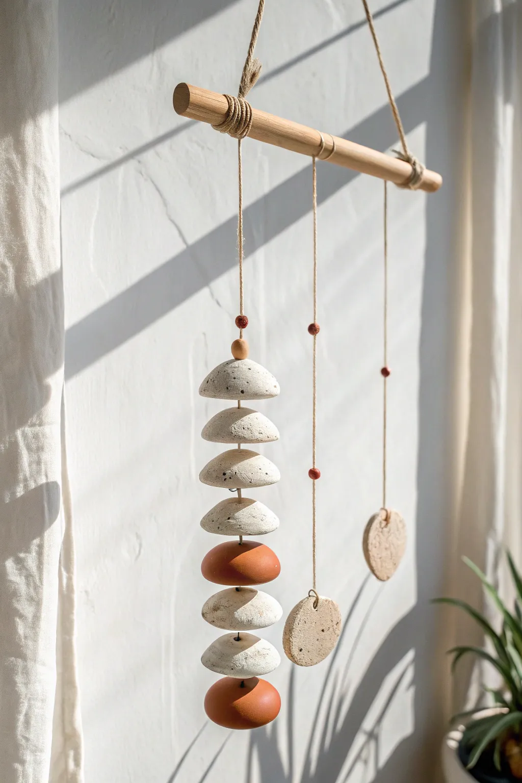Simple hanging clay mobile with organic shapes, soft shadows, and calm Scandinavian boho charm.