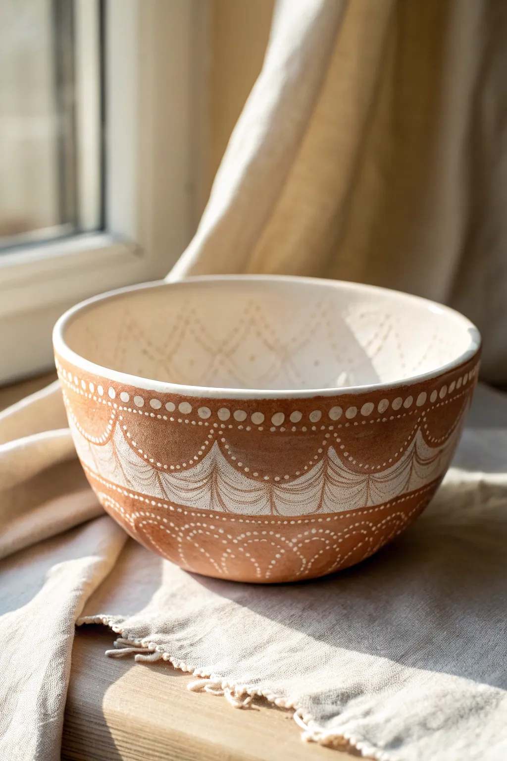 Airy faux lace sgraffito bowl, scalloped rim and dotted accents in calm Scandinavian tones.