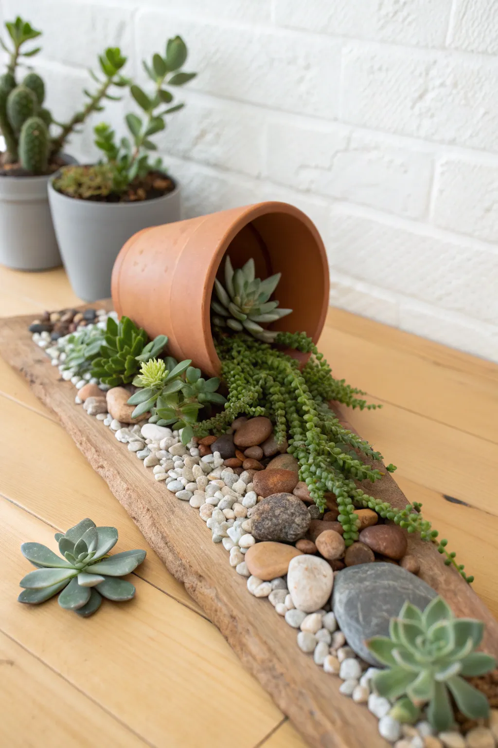 A tipped terracotta pot spills a river of pebbles and tiny succulents for effortless boho minimalism.