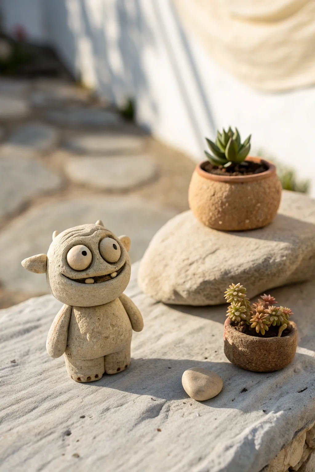 Mini clay garden guardian with big eyes and goofy grin, perched by a tiny plant in calm tones.