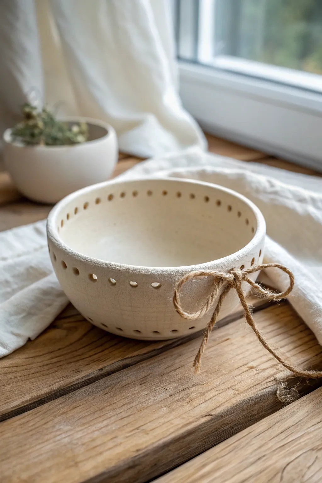 Pierced clay bowl with simple twine threading, a minimalist boho accent for any table