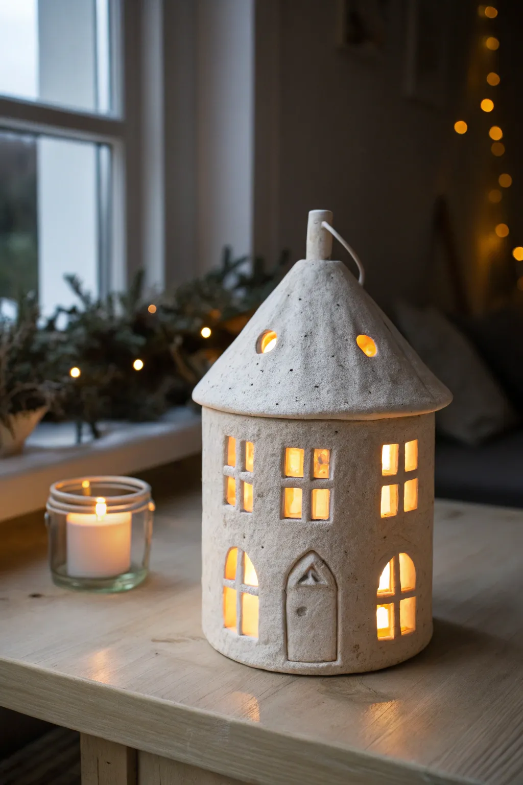 Simple clay fairy house with glowing windows, perfect for a cozy Scandinavian boho nook