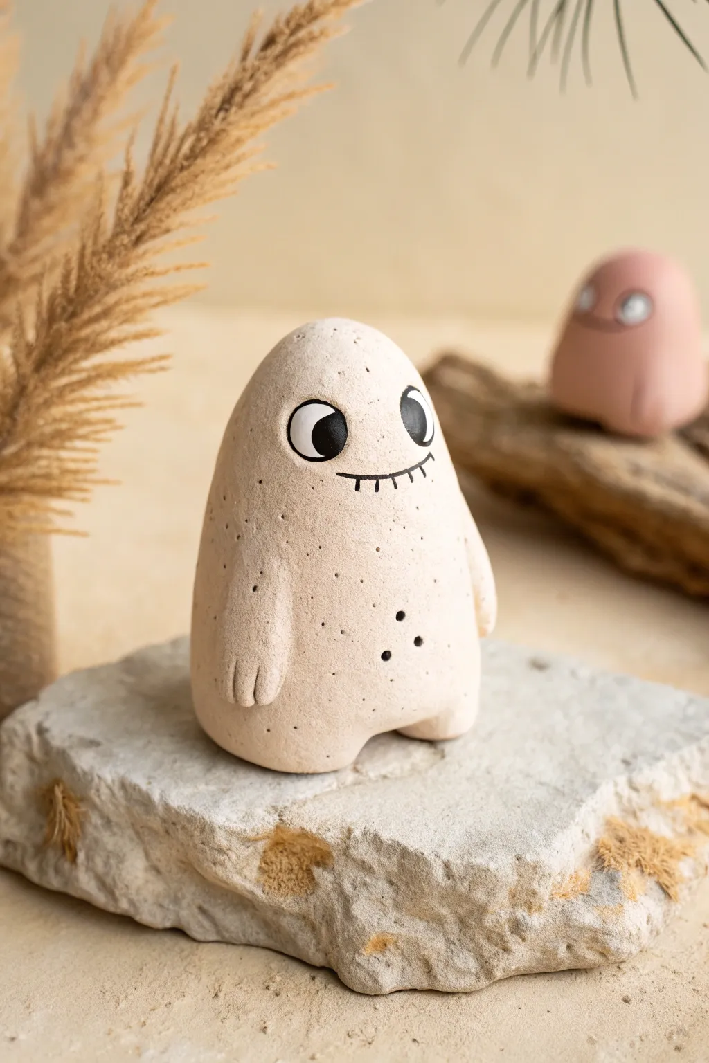 One-minute clay blob monster with simple eyes, pastel colors, and calm Scandinavian boho styling