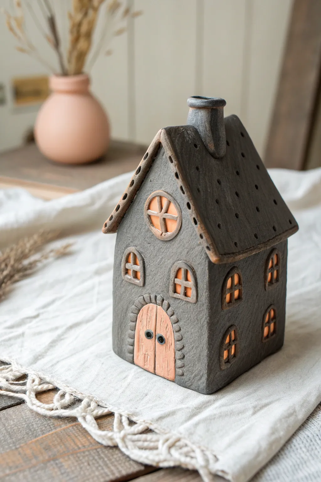 Simple clay haunted house in dark neutrals with a bright door accent, minimalist and cute