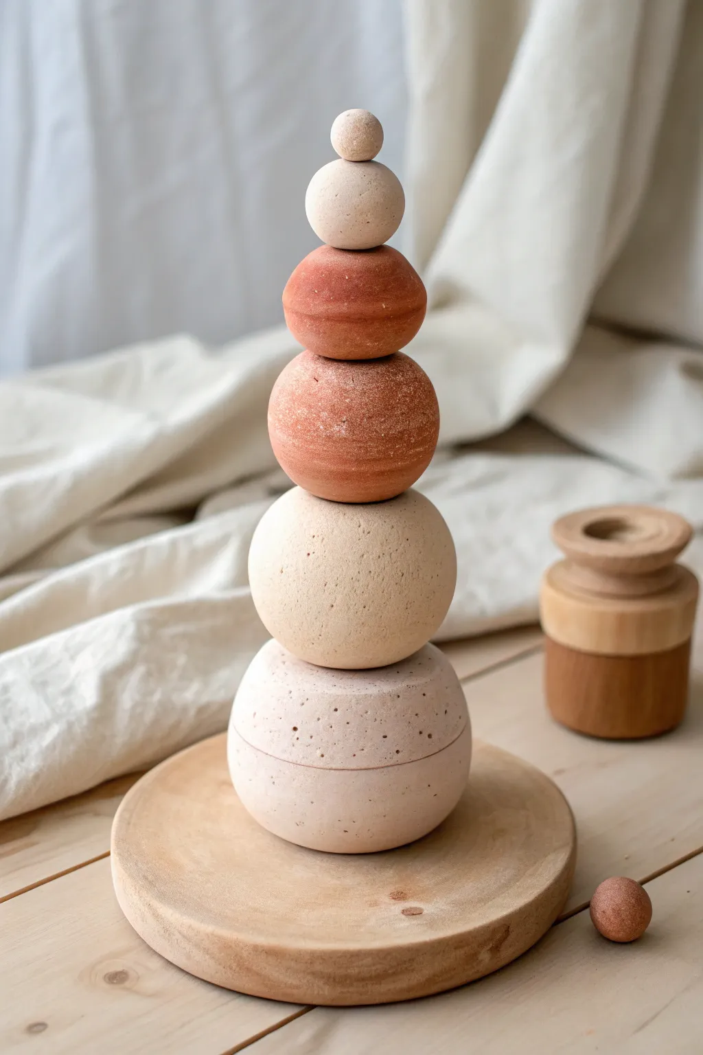 Pocket-size stacked clay totem in calm neutral tones, a minimal desk accent with handmade charm.