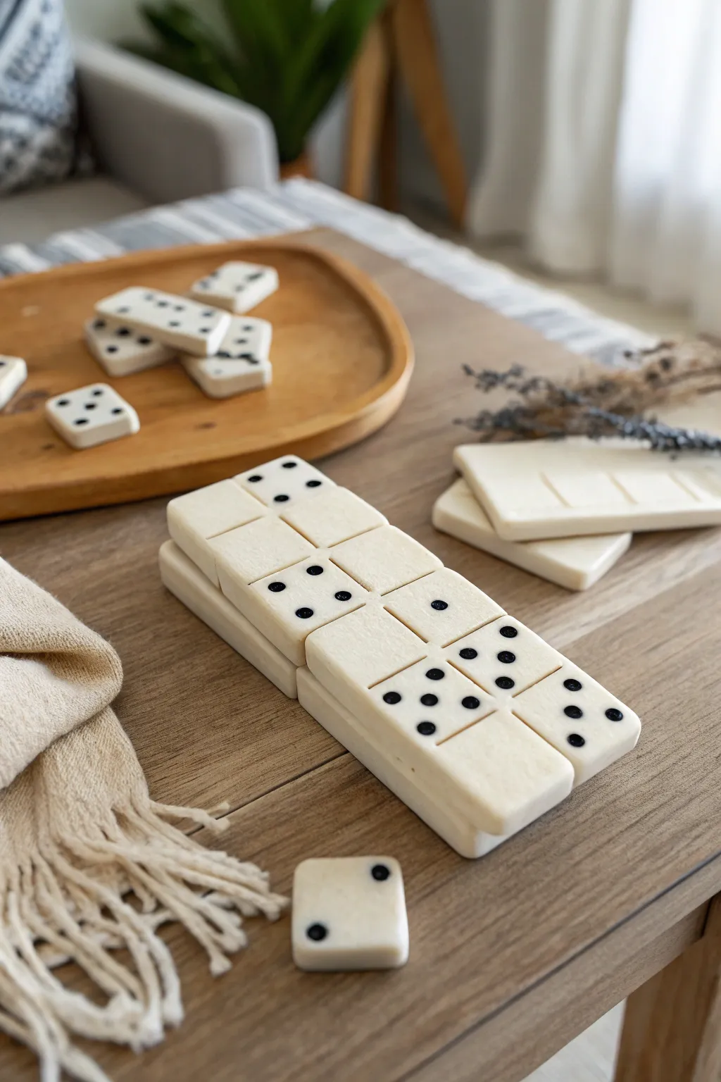 Simple DIY clay dominoes with minimalist dots, styled for a calm Scandinavian boho coffee table.