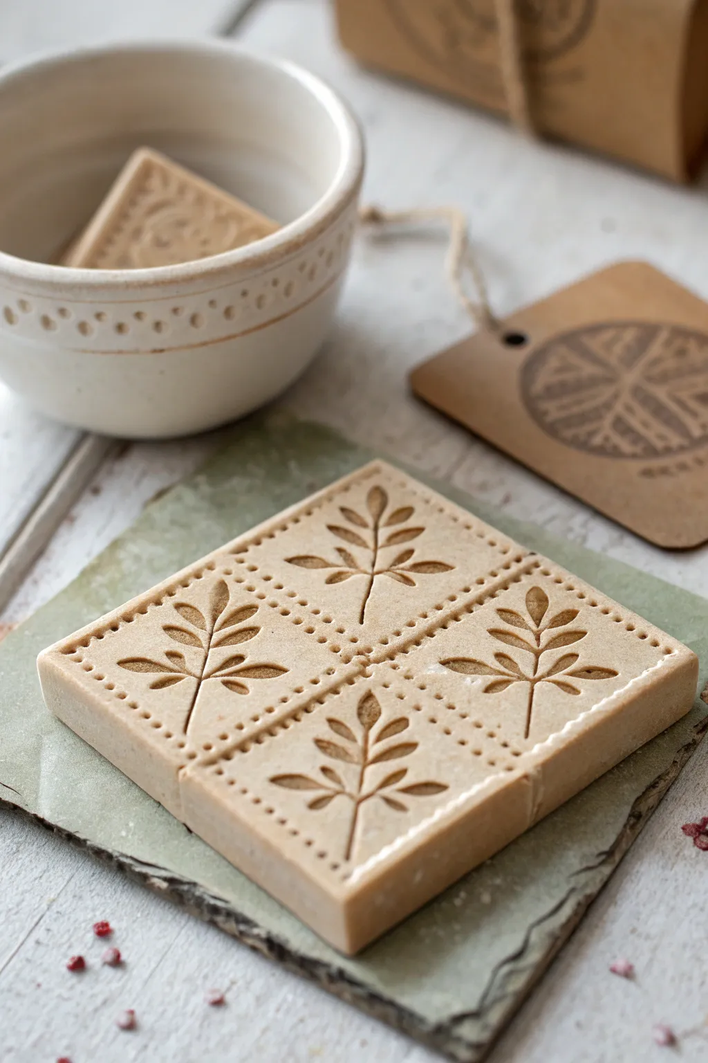 Easy homemade clay stamp textures on a minimalist tile, perfect for simple handmade decor