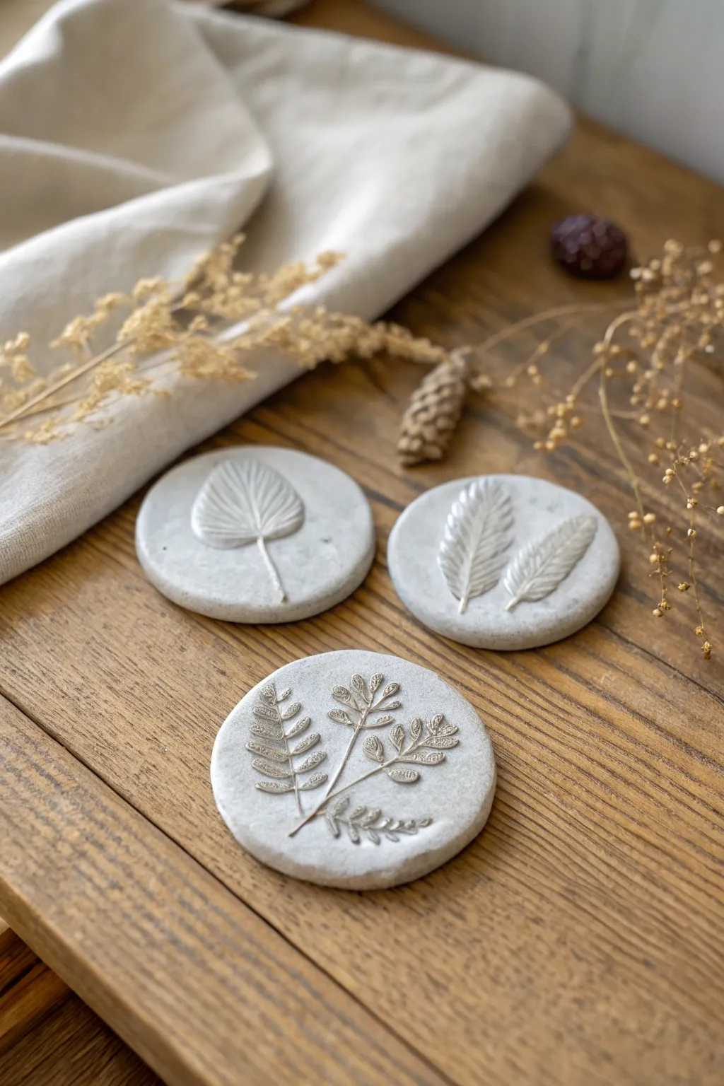 Mini silver fossil coins with leaf, shell, and seed impressions styled in soft Nordic boho light.
