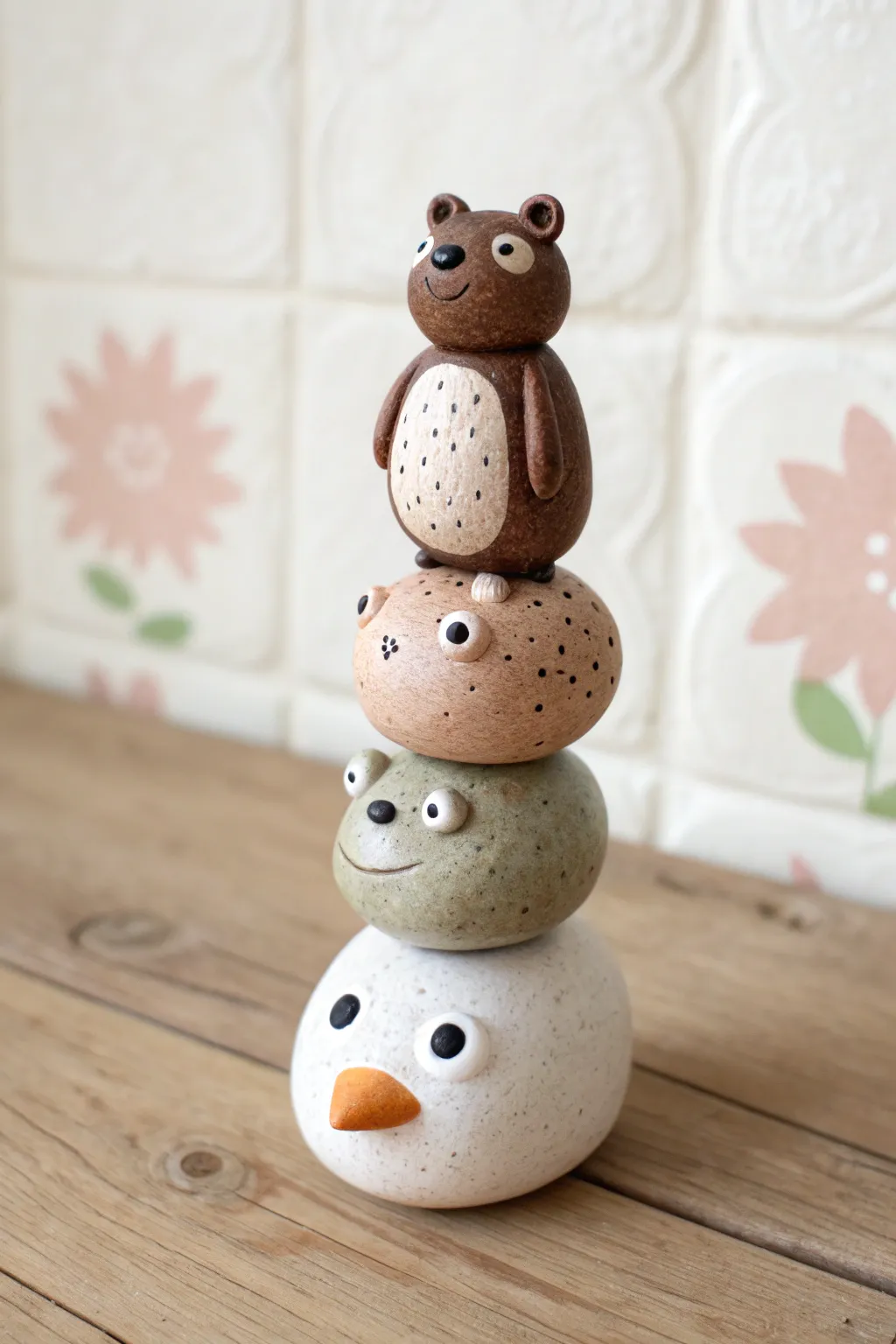 Playful stacked mini clay creature totem in simple shapes, perfect for easy beginner figures.