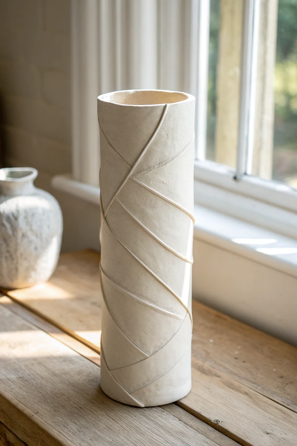 Overlapped seam slab cylinder vase with minimal glaze, modern Nordic lines and handmade warmth.