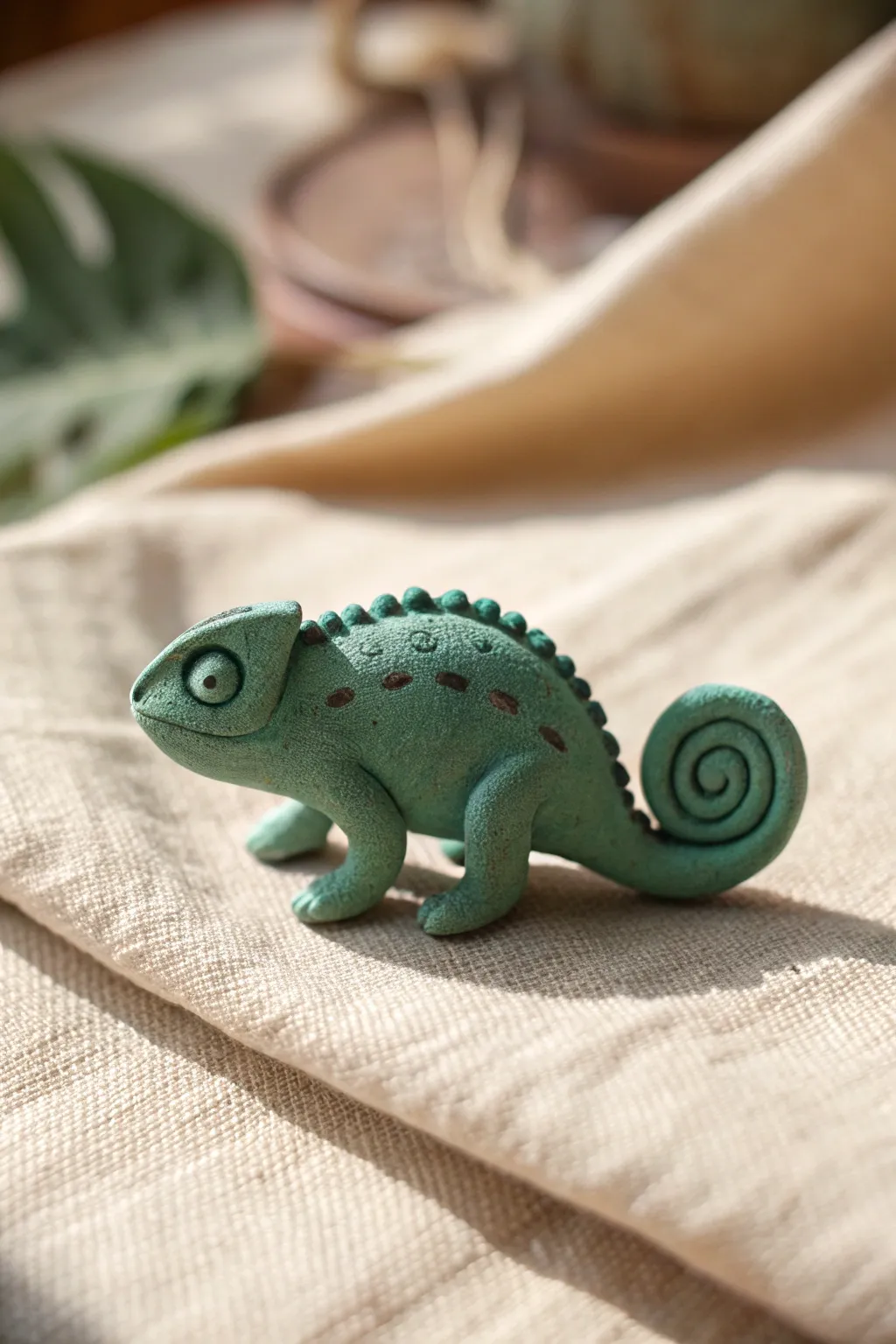 Simple two-tone clay chameleon with a curly tail, minimal and charming in natural light