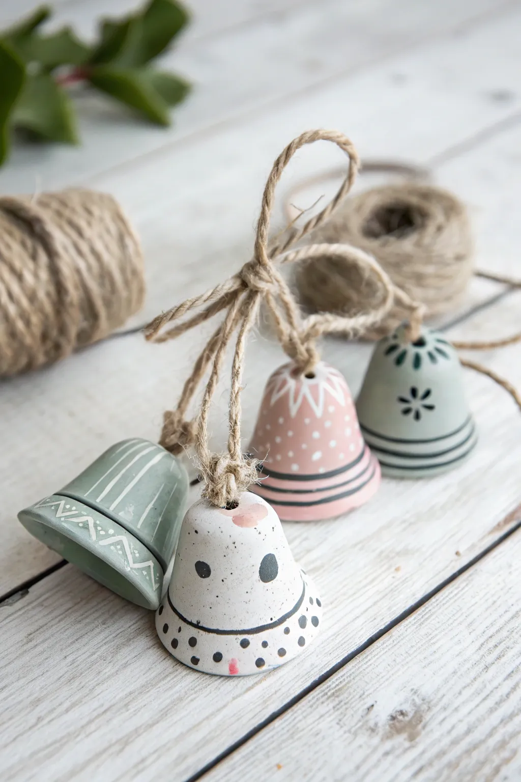 Tiny clay bell charms tied with twine, minimal painted patterns, perfect for sweet handmade gifts.