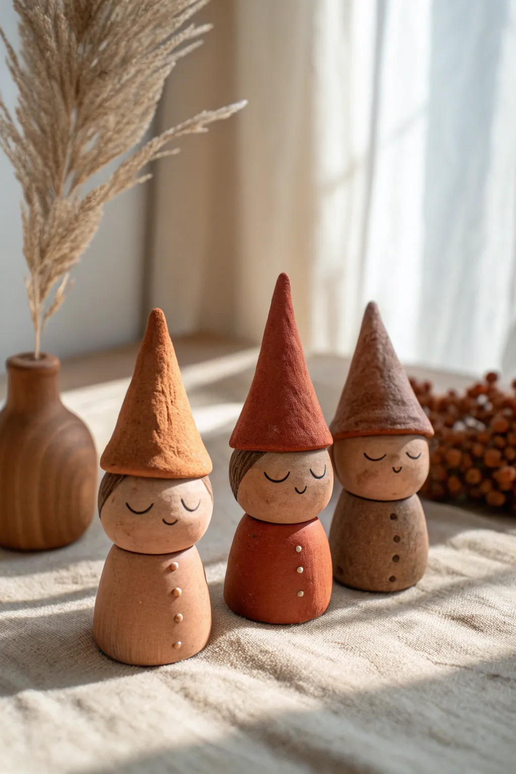 Minimal acorn-hat clay gnomes in warm earthy tones, a cozy woodland figurine idea