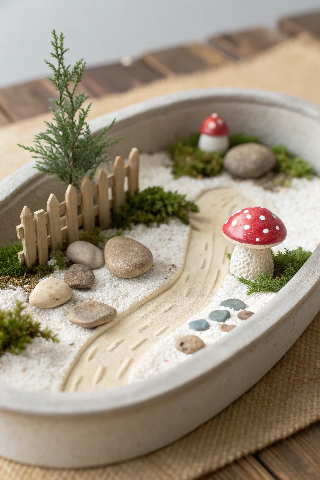 Tiny clay world on a tray: mushroom, pebble path, fence, and pond in calm neutrals.