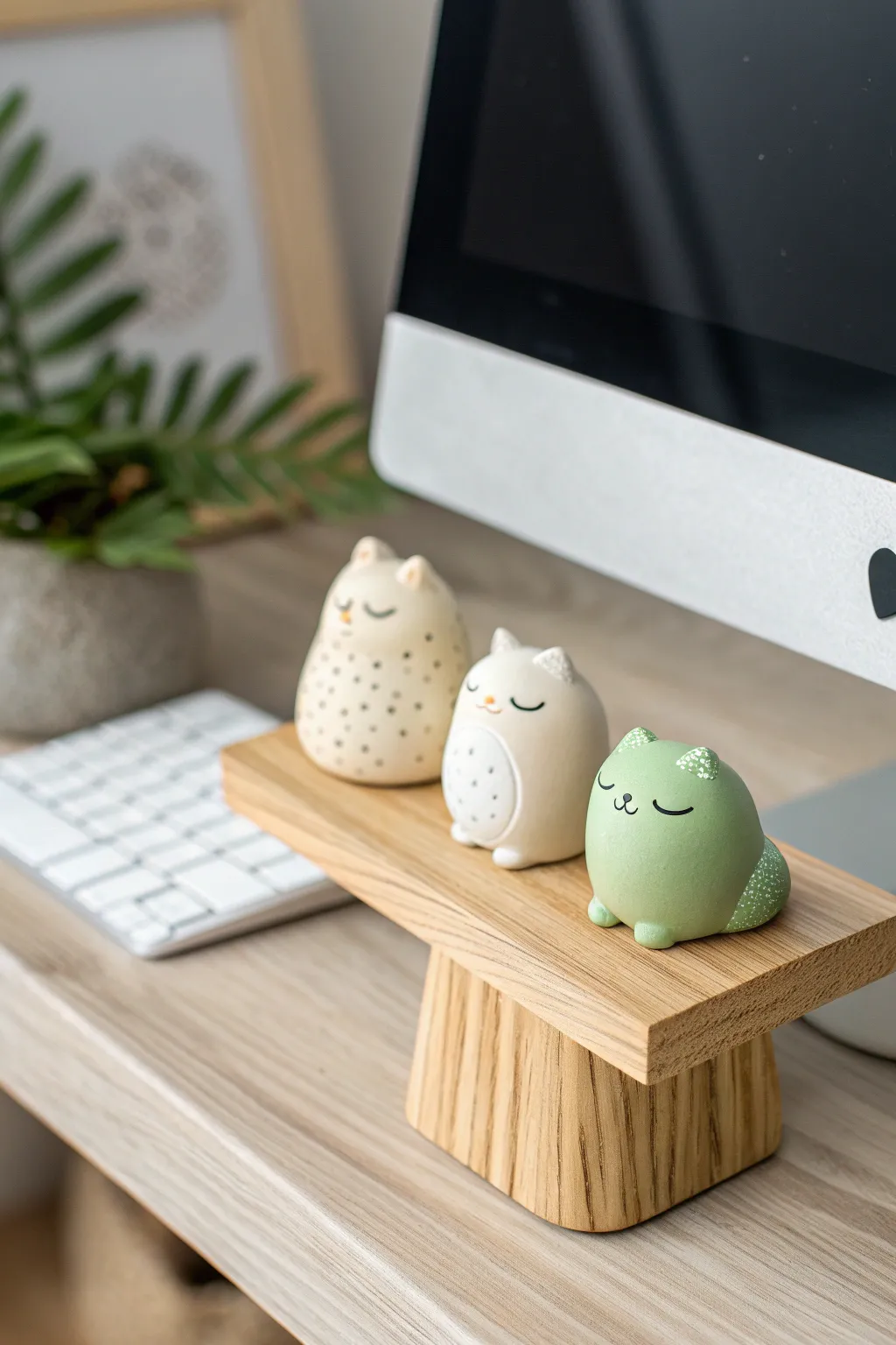Palm-sized polymer clay desk buddies perched on a monitor base, minimal and irresistibly cute.