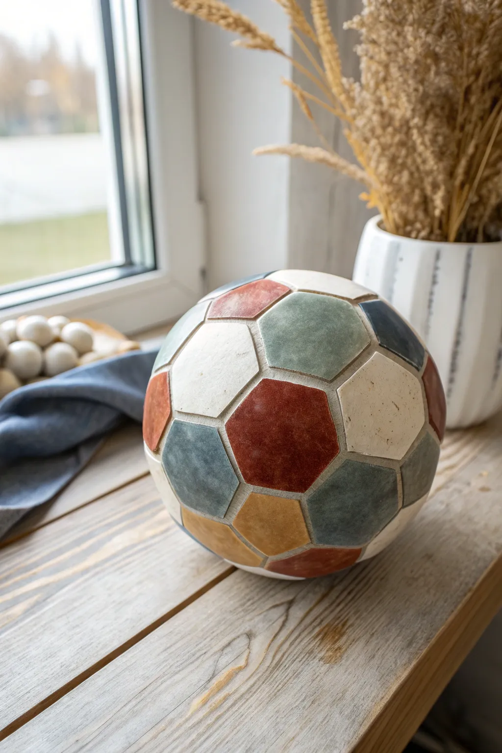 One handmade clay soccer ball, panels glazed in soft team colors for easy palette inspiration.