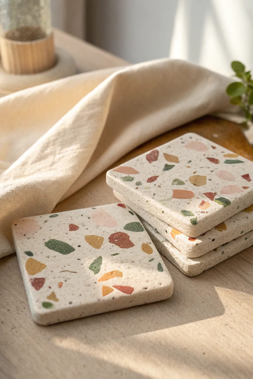 Minimal terrazzo clay coaster tiles in soft neutrals with bright speckles, easy DIY decor