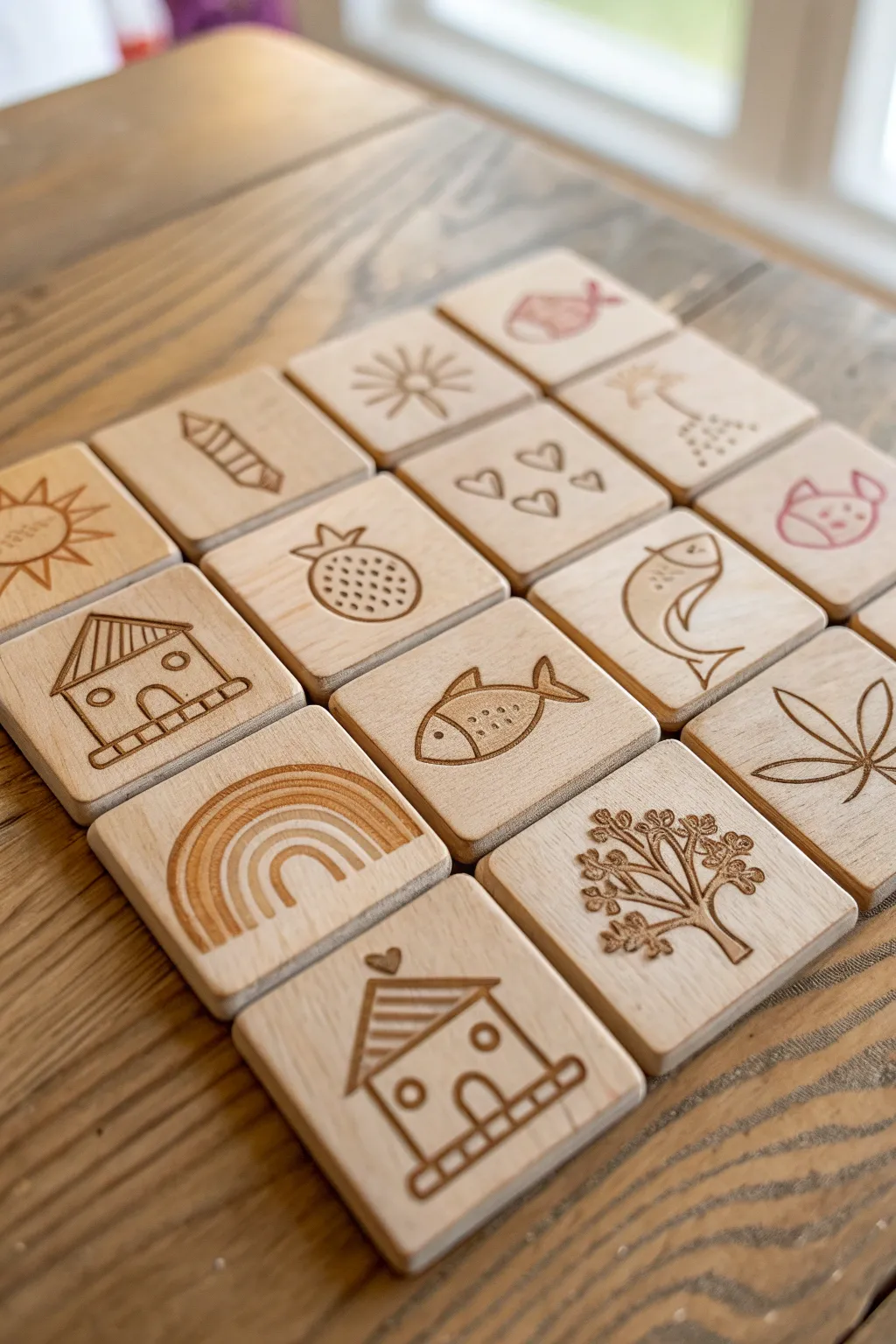 Colorful clay story tiles in a neat grid, ready for kids to pick, play, and invent tales