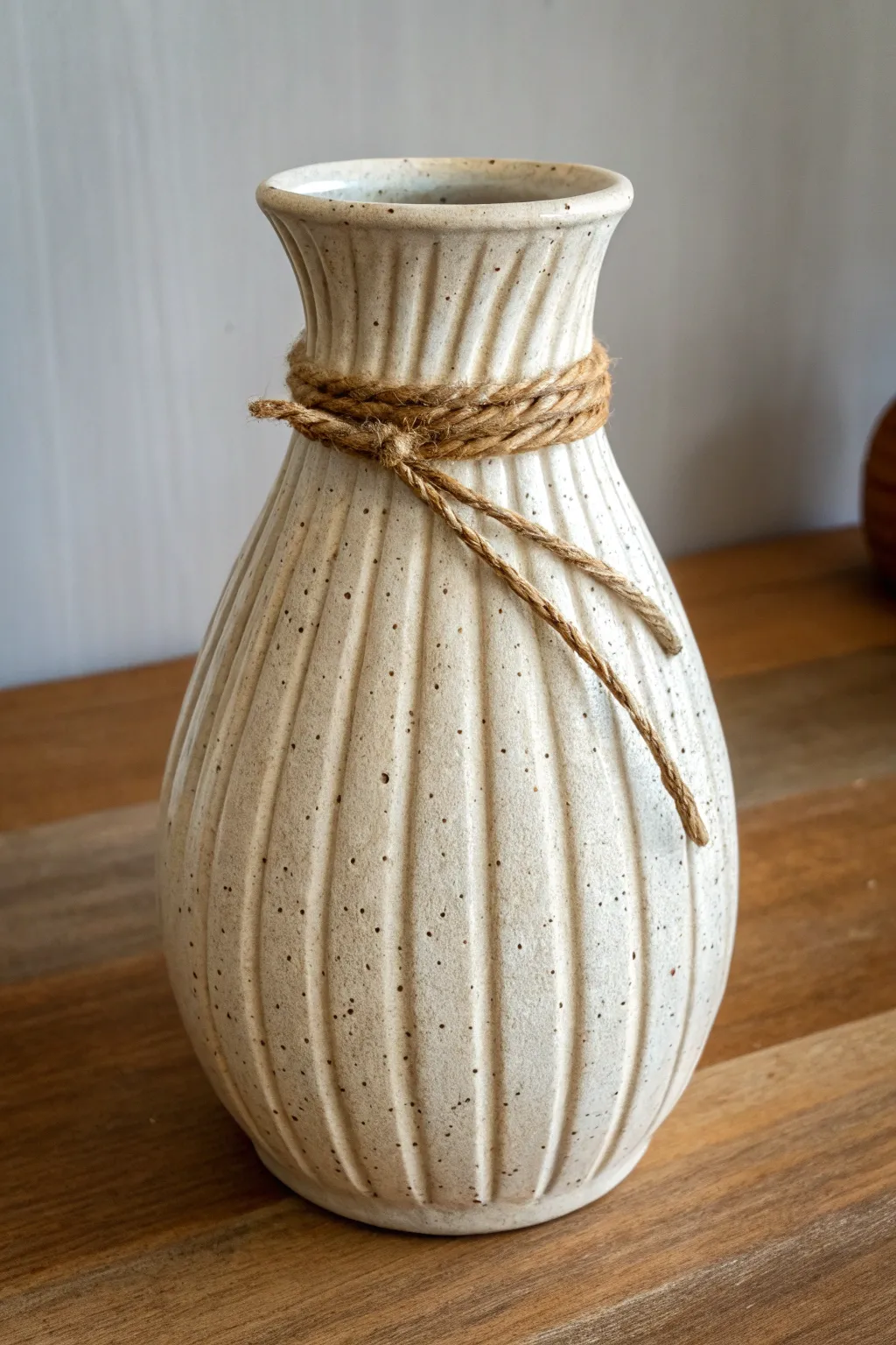Pleated soft slab vase wrapped with cord, minimalist boho texture for cozy Scandinavian shelves.