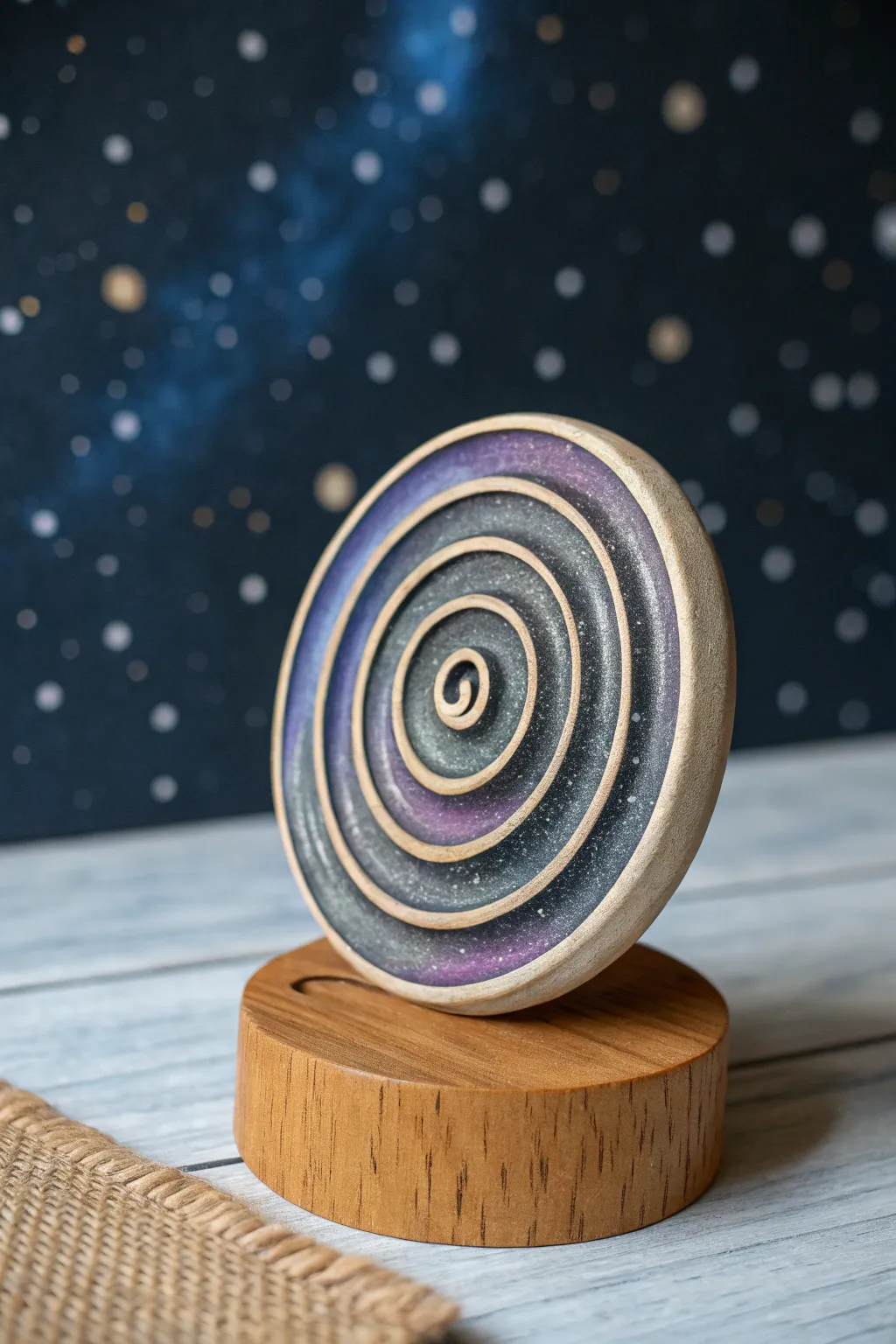 Minimal black hole swirl clay sculpture with cosmic fade tones, styled for a dreamy Nordic vibe
