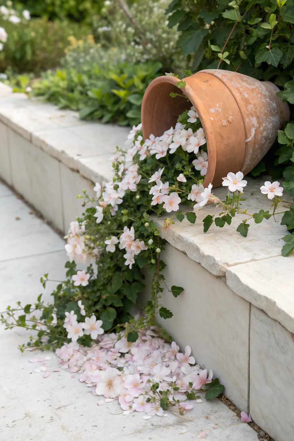 Broken pot on a raised ledge, spilling pastel blooms like a dramatic flower waterfall