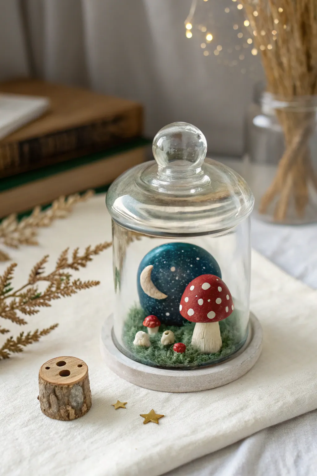 Mini trippy diorama jar lid with galaxy swirl, mushroom and moon, simple stoner clay charm